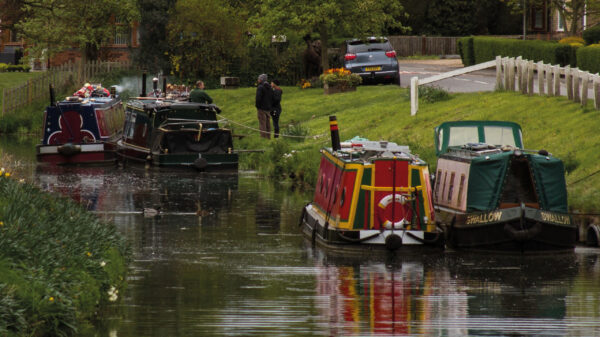 Narrowboats at South Kyme winding hole on the Sleaford Navigation.