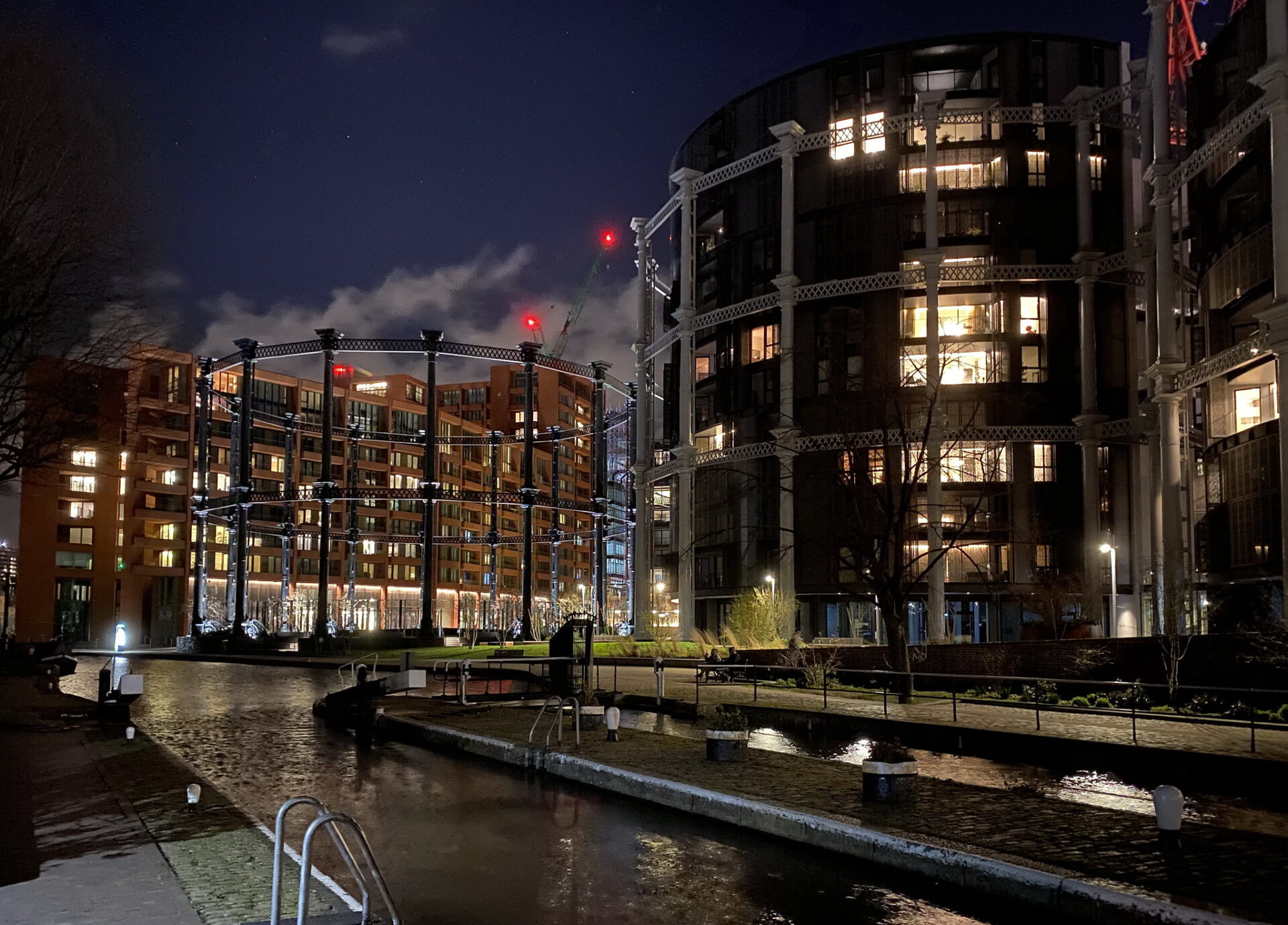 night time photo of the gas holders at St Pancras