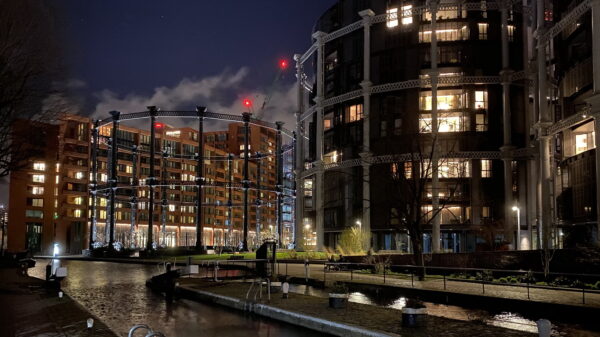 night time photo of the gas holders at St Pancras