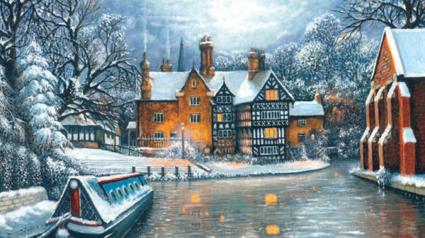 Wintry canal scene of the Packet House at Worsley